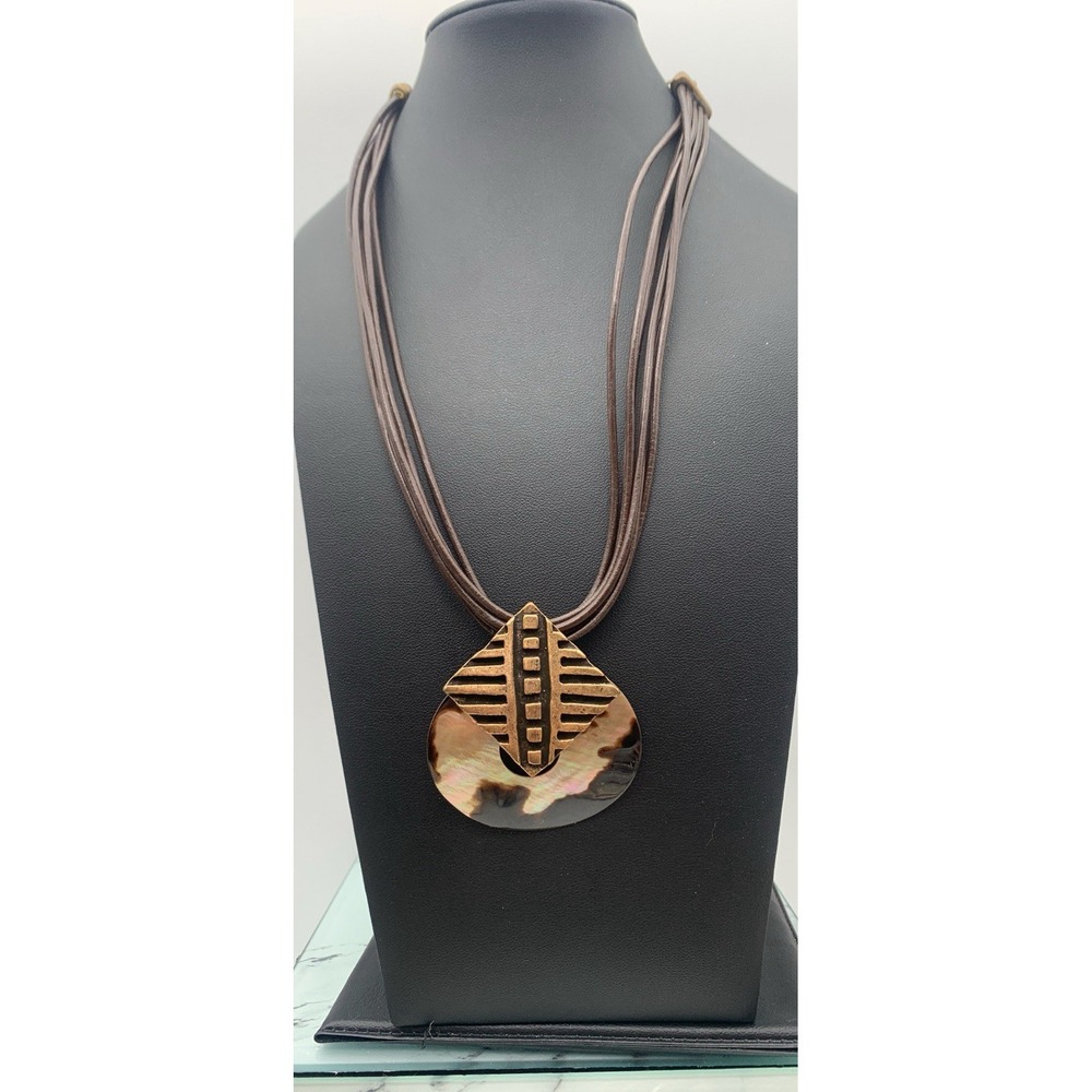 Chico's Shell Pendant Necklace Multi-Strand Cord Tribal Western Boho 16-20"